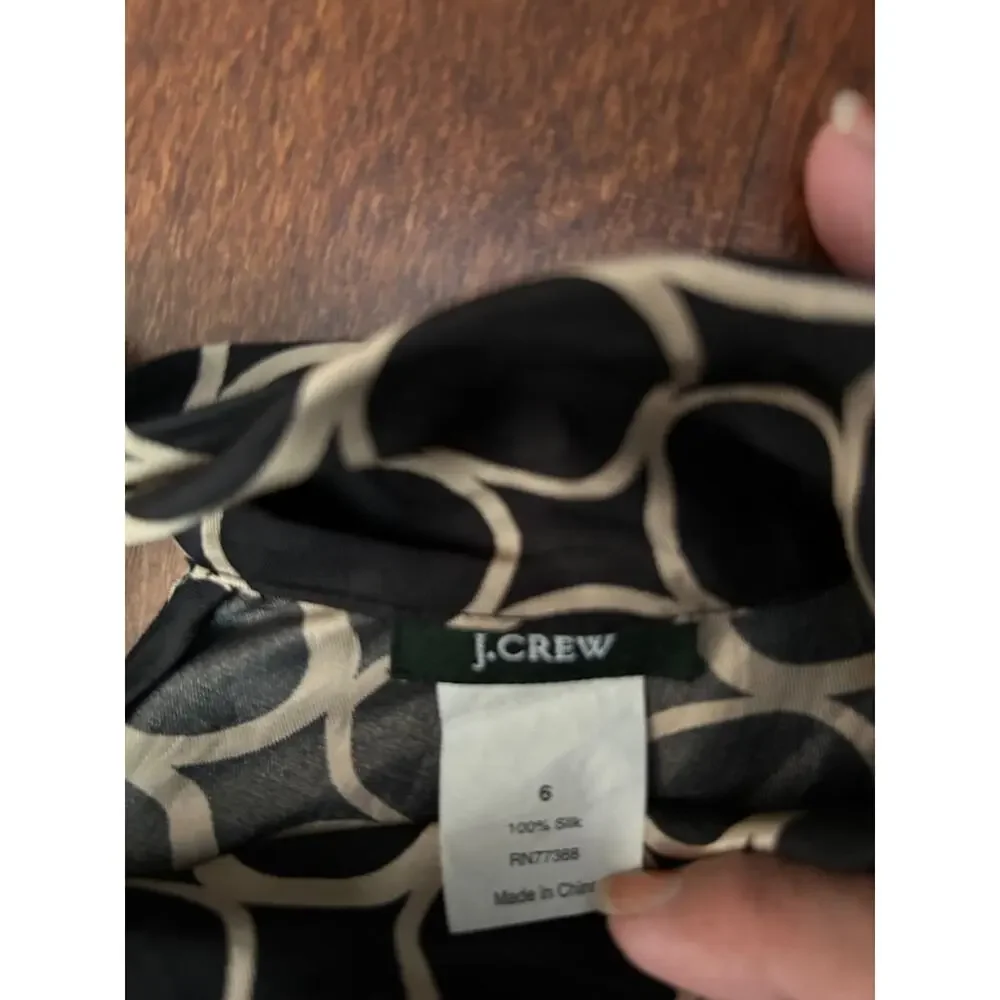 J. Crew 100% Silk Retro 60s Black Shift Dress with Beige Circle Print, Size 6